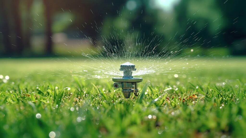 Gartenbewässerungssystem Rasen. Automatischer Rasensprenger, der grünes Gras bewässert. Selektiver Fokus. Generative KI