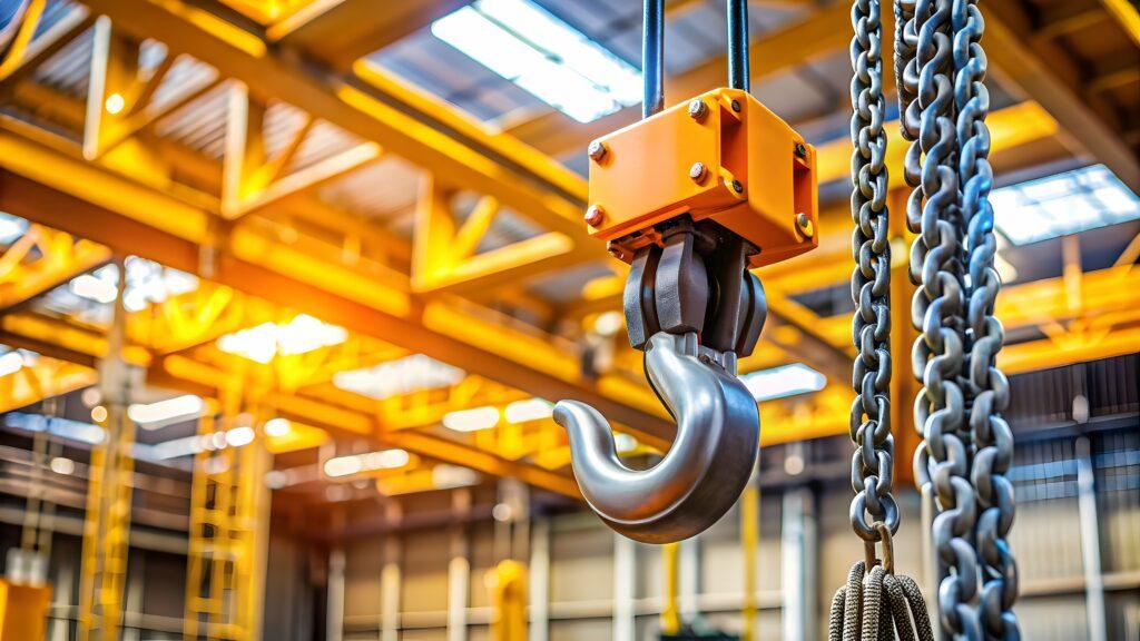 Industrieller Elektrokettenzug mit stabilem Haken und Ketten in einer Werkshalle