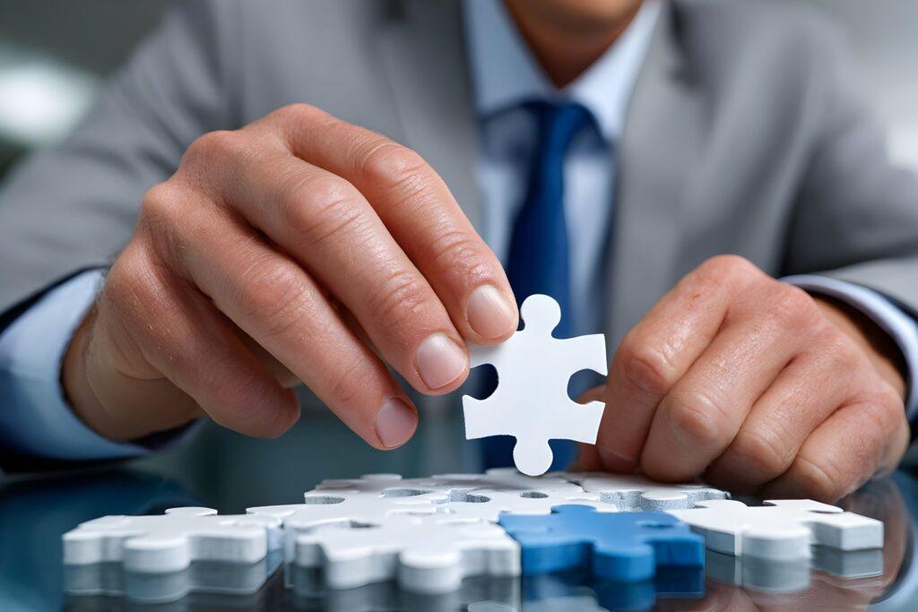 Nahaufnahme einer Hand, die ein Puzzlestück in ein fast vollständiges Puzzle einfügt; steht für die strategische Einbettung von NIS 2 Beratung in bestehende Unternehmensprozesse.